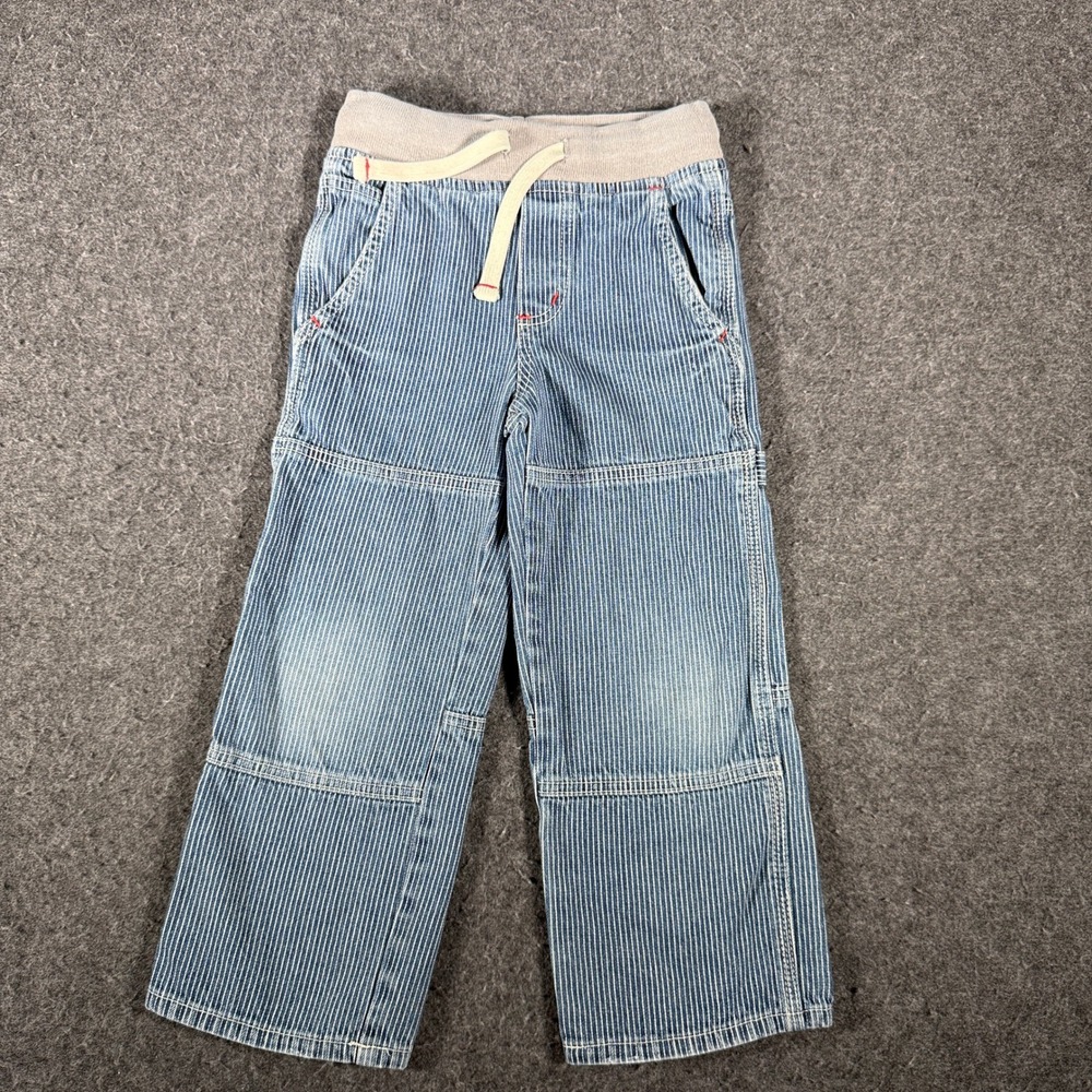 Mini Boden Kids Hickory Stripe Carpenter Pants Blue White Utility Jeans Size 6Y